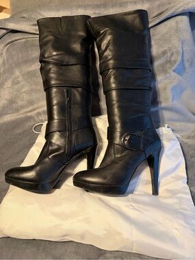 INC International Concepts Black High Heel Mid-Calf Boots with Buckle